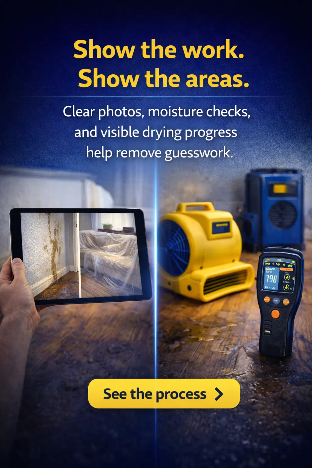 Show the work clear photos moisture checks drying progress sample ad