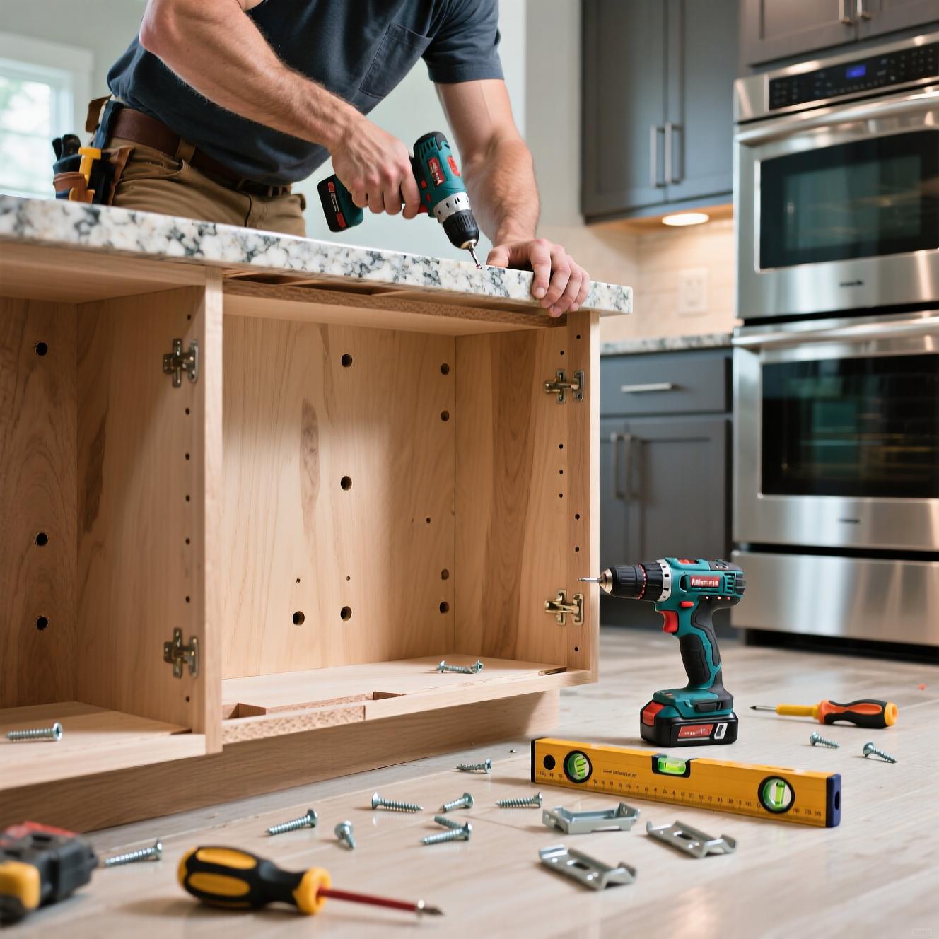 Cabinet installer securing countertop during kitchen remodel