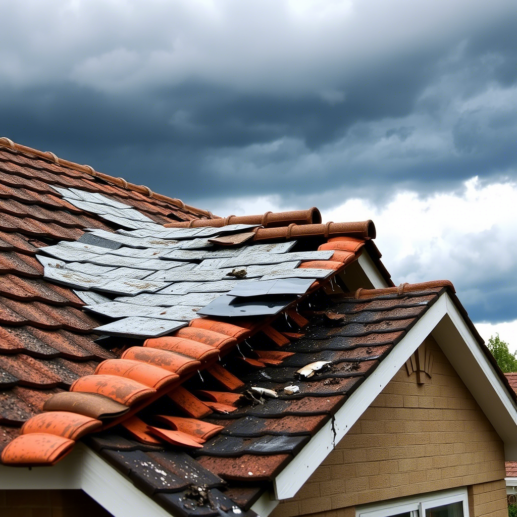 Damaged roof with missing tiles and storm damage