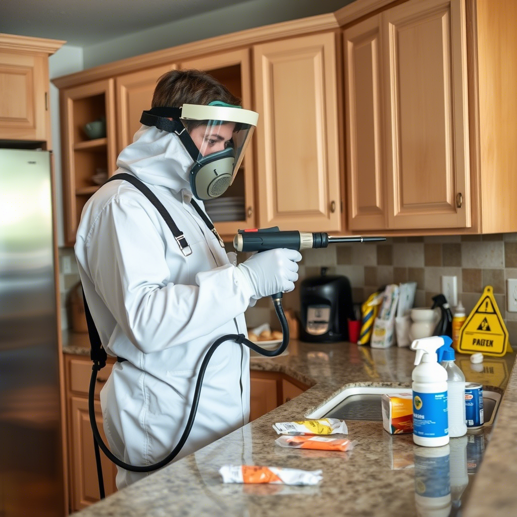 Professional pest control technician in protective gear treating a kitchen