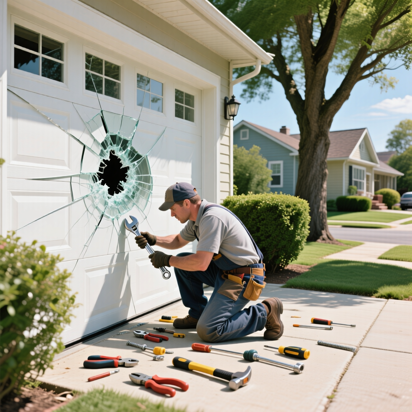 Garage door repair technician fixing broken garage door