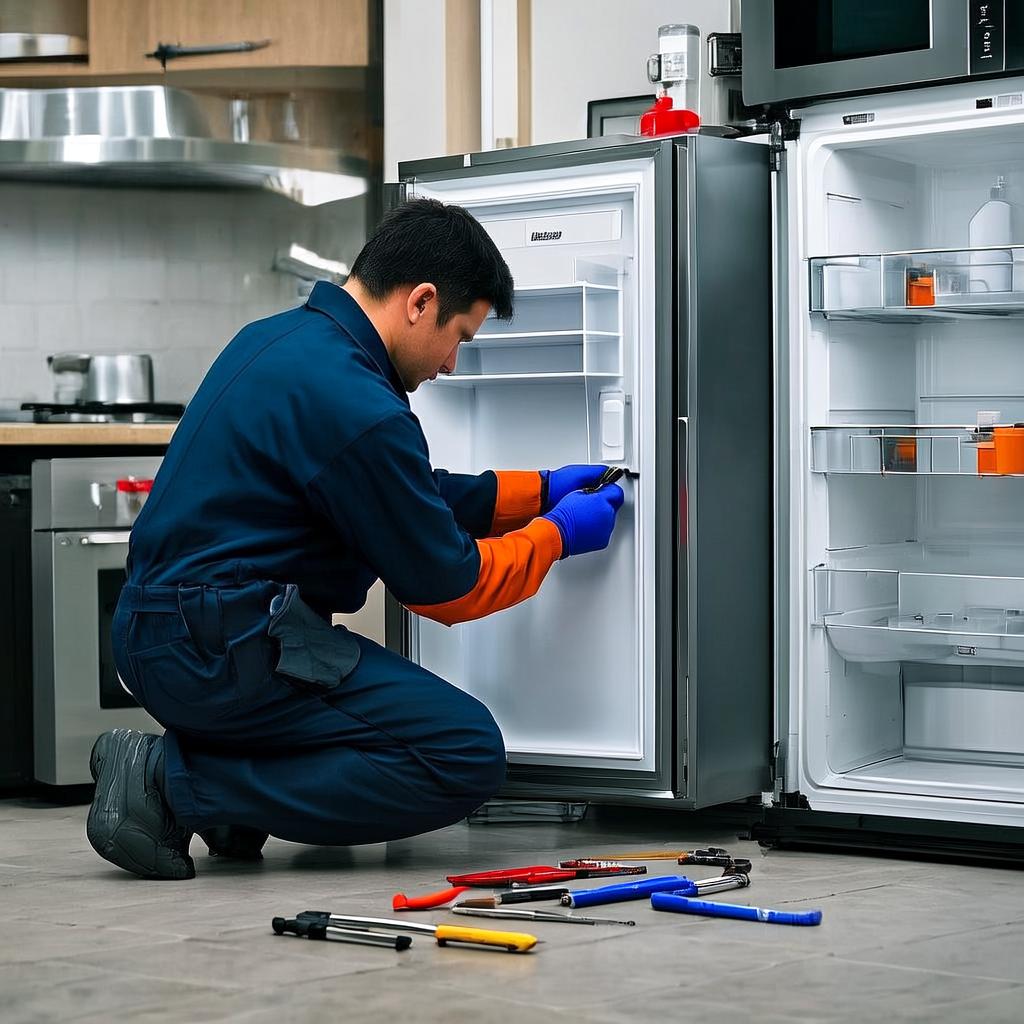 Professional refrigerator repair in progress